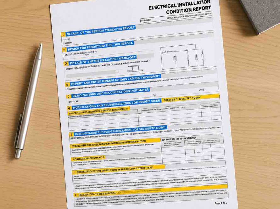 eicr electrical installation condition report document flat lay