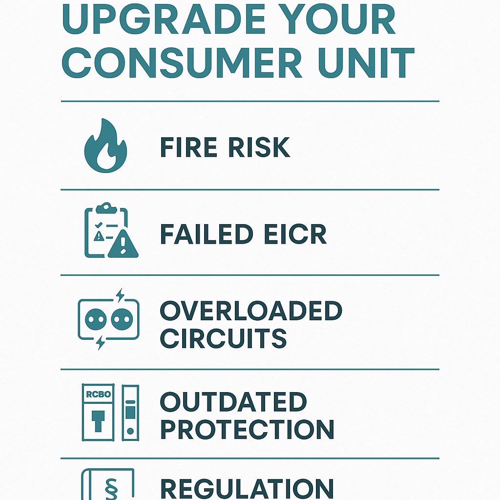 Infographic listing five reasons to upgrade a domestic consumer unit in the UK.
