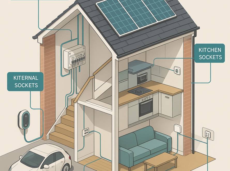 Isometric cutaway of a UK home with upgraded consumer unit and connected smart systems