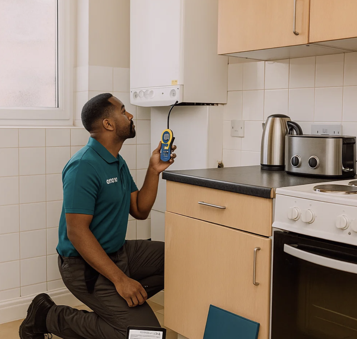 Anova engineer performing a gas appliance safety check during a landlord inspection.