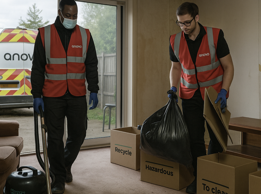 Rubbish removal team clearing a void housing unit after tenancy turnover.