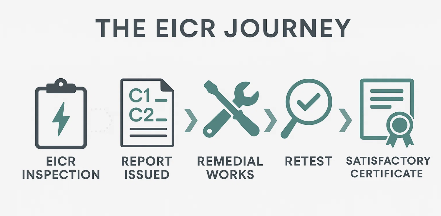 Infographic visually explaining EICR codes C1, C2, C3, and FI with coloured icons and safety meanings.