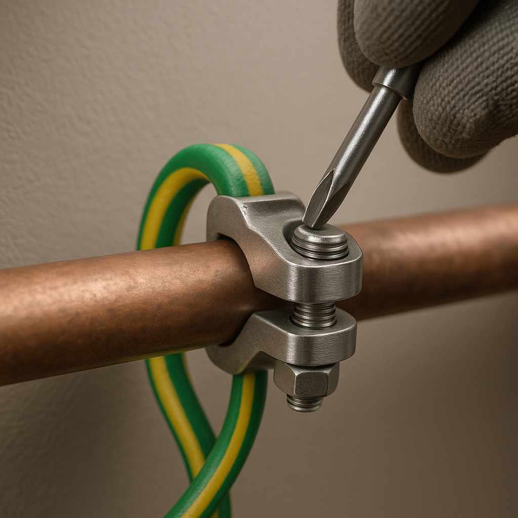 Close-up of electrician upgrading protective bonding on a gas pipe.